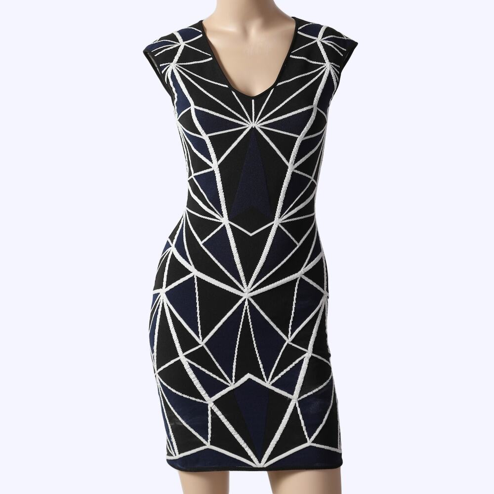 RVN Black White Geometric Jacquard Bodycon Mini Dress